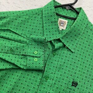 Cinch Mens Western Button Down Shirt Large Green Geometric Long Sleeve Cotton